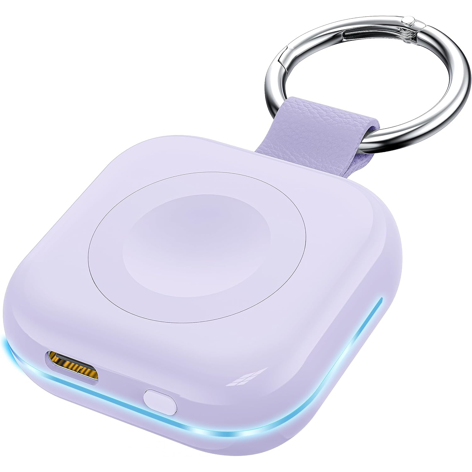 A compact, lavender-colored portable charger with a keychain ring, featuring a USB-C port and LED indicator lights.