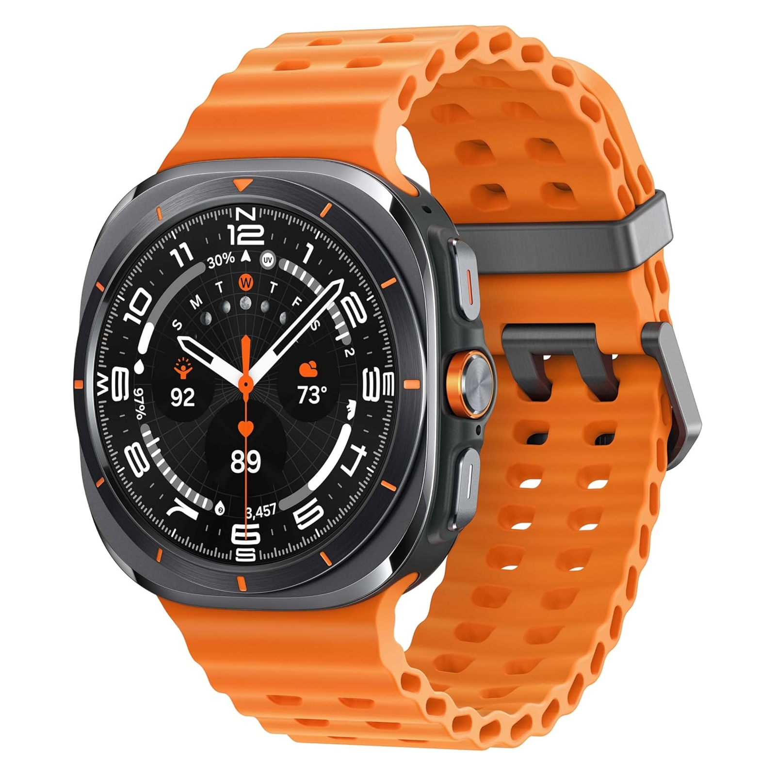 A smartwatch with a rugged titanium case, orange sports band, and a detailed circular display featuring health metrics and weather.