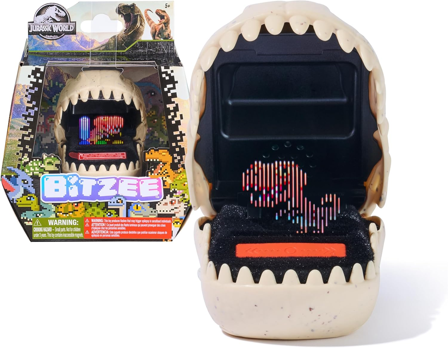 Jurassic World Bitzee digital pet toy features an interactive dinosaur display housed in a dino-themed case with a pixelated character on the screen.