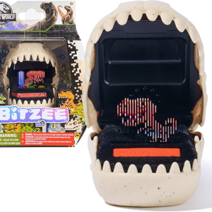 Jurassic World Bitzee digital pet toy features an interactive dinosaur display housed in a dino-themed case with a pixelated character on the screen.