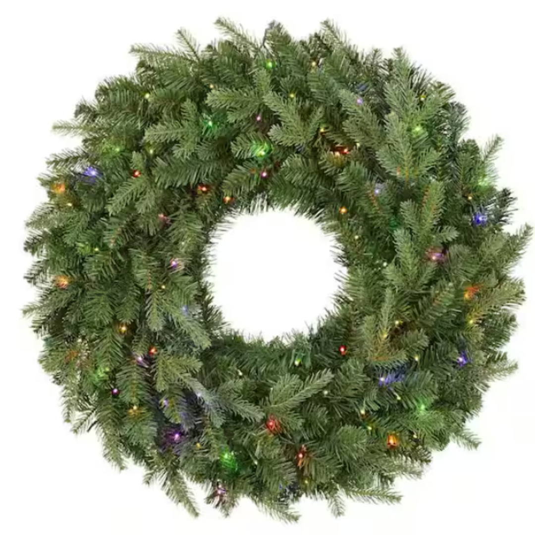 A green wreath adorned with multicolored lights, designed as a festive decoration.