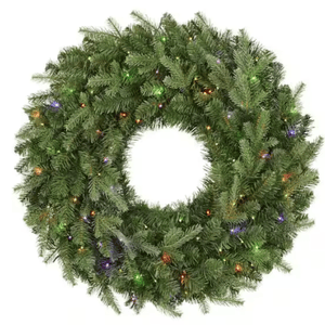 A green wreath adorned with multicolored lights, designed as a festive decoration.