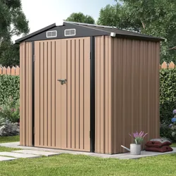 6' x 4' metal storage shed featuring vertical paneling, two ventilation vents near the roof, a hinged door with a latch, and a base set on a stone path, surrounded by a garden with a fence and trees.