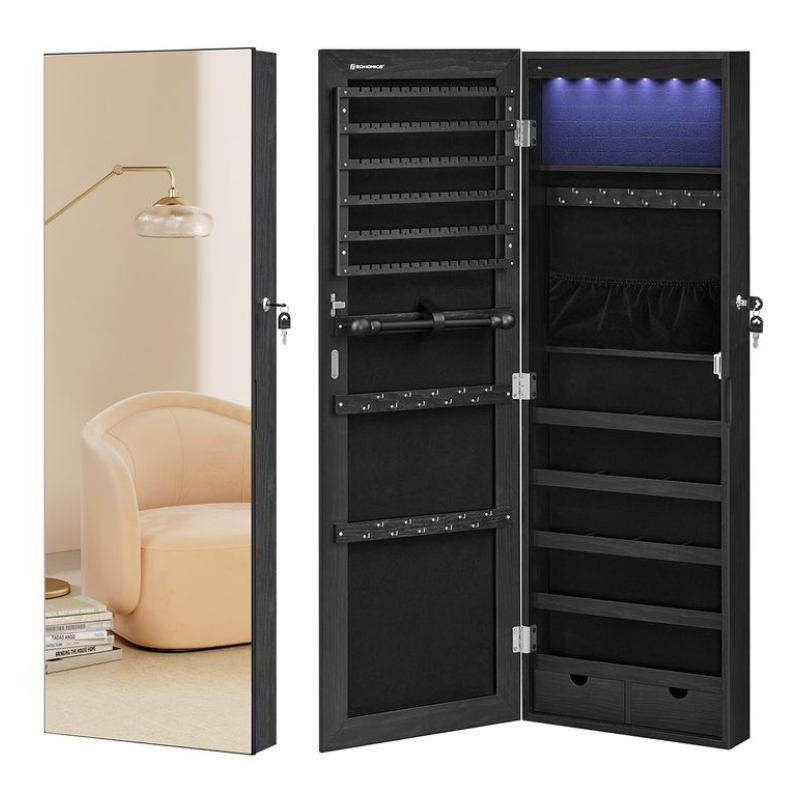 Wall-mounted mirrored jewelry cabinet with lock, featuring multiple storage compartments, hooks, and LED lighting.