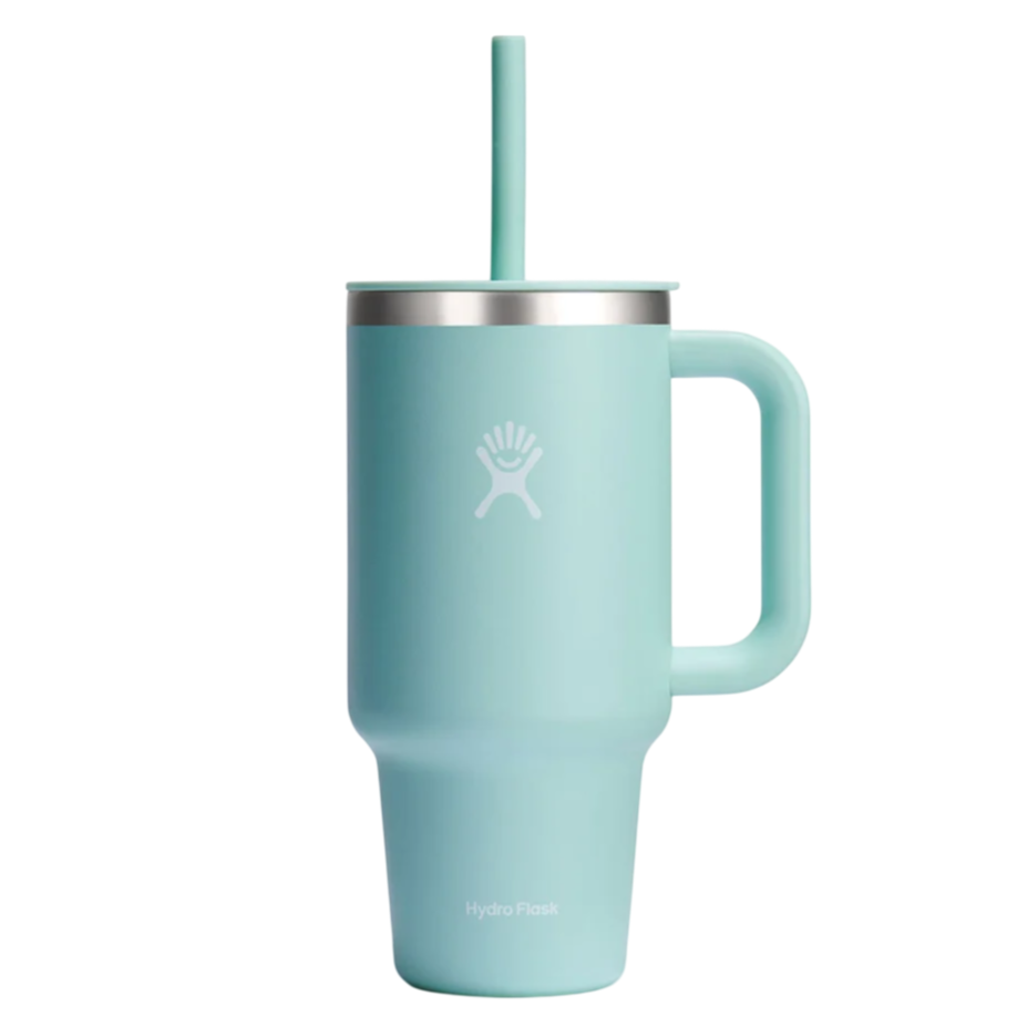 A light blue Hydro Flask mug with a handle and a matching straw, featuring a stainless steel rim and the brand's logo.