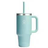 A light blue Hydro Flask mug with a handle and a matching straw, featuring a stainless steel rim and the brand's logo.