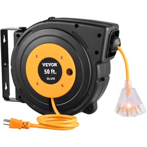 A VEVOR 50 ft. retractable extension cord reel with a black and orange design. It features a mounting bracket, a three-prong plug, and a triple outlet with a lighted indicator.
