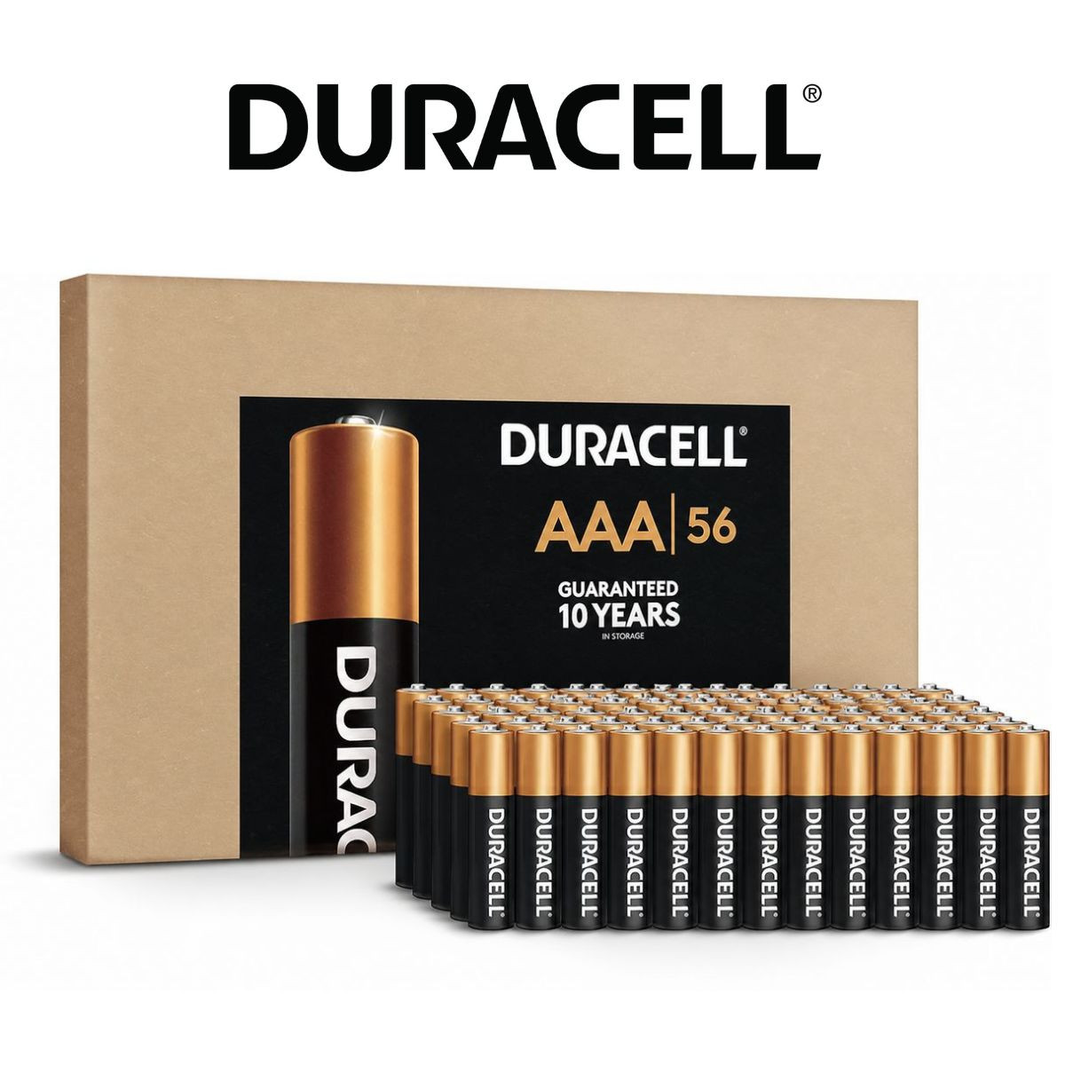 Duracell AAA batteries, pack of 56, with a storage guarantee of 10 years.