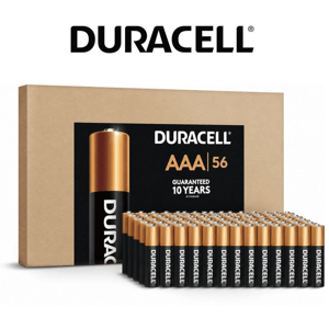 Duracell AAA batteries, pack of 56, with a storage guarantee of 10 years.