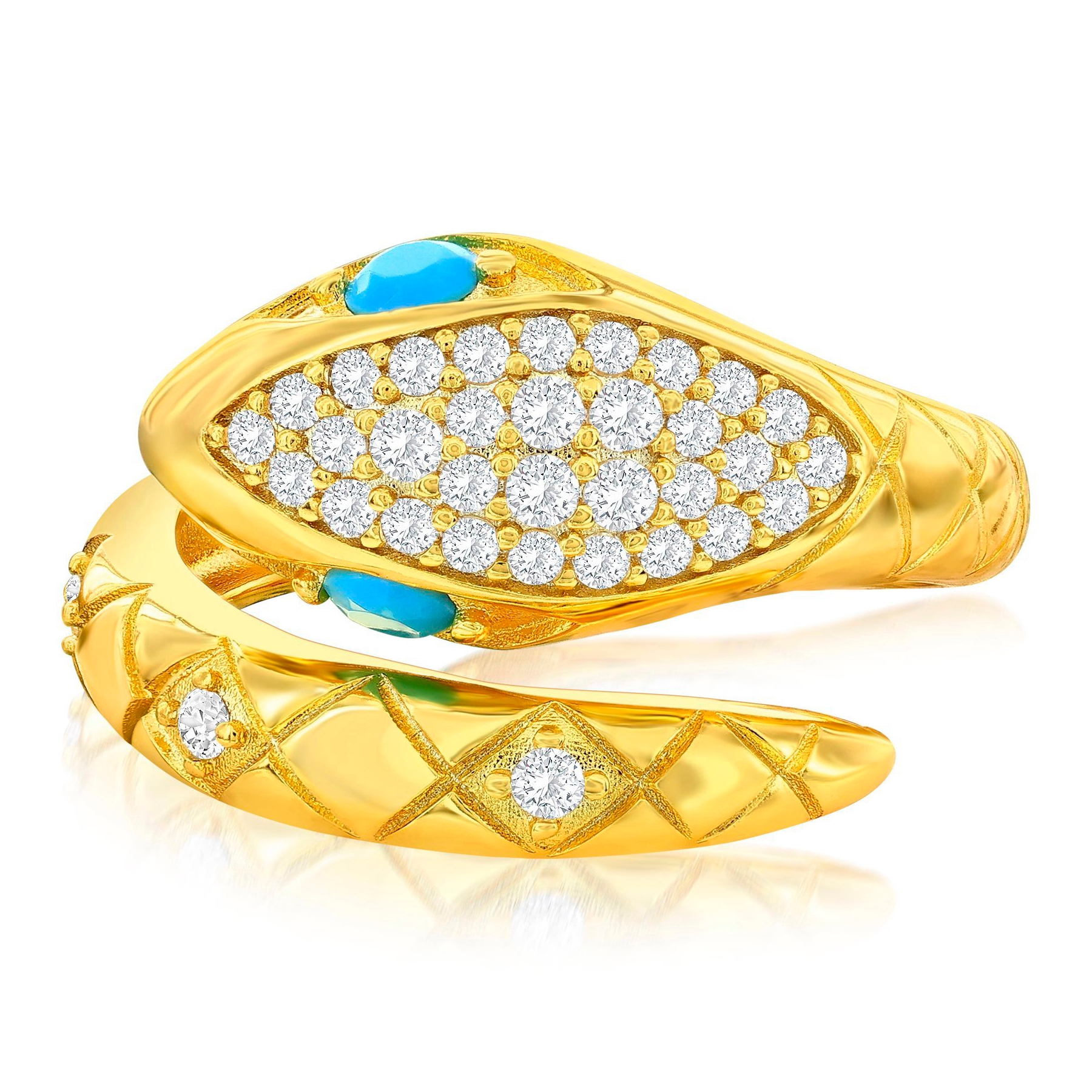 A gold serpent-themed ring features a wraparound design adorned with diamond accents and turquoise stones.