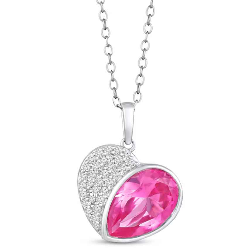 A heart-shaped pendant necklace featuring a vibrant pink lab-created sapphire and sparkling diamonds set in sterling silver, hanging from a delicate chain.