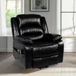 A black leather recliner with padded armrests, a cushioned back, and side pockets, situated in a bright living room setting.