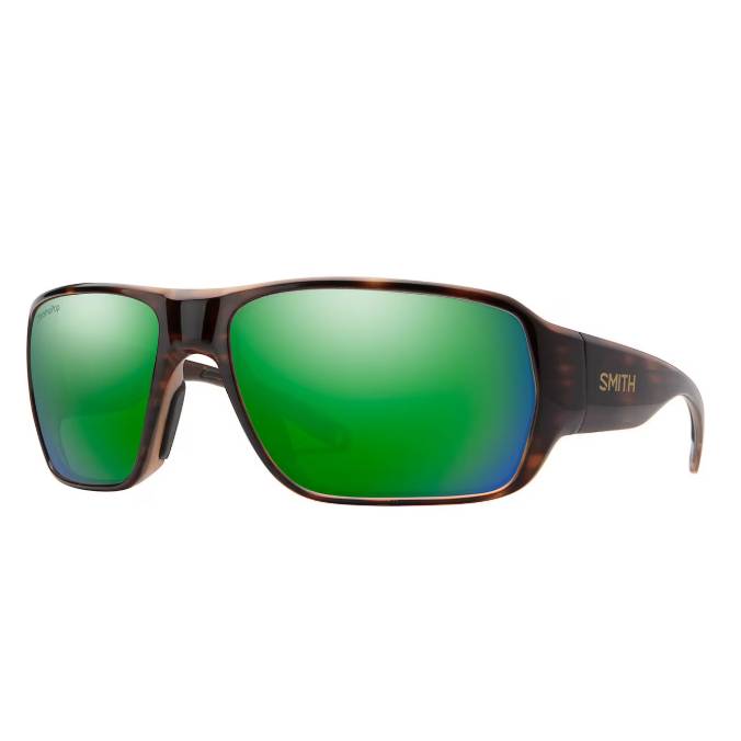 Smith Polarized Sunglasses feature a tortoiseshell frame with vibrant green mirrored lenses. The design includes branding on the temples and has a sporty, wraparound style.