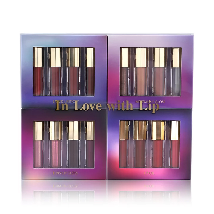16-piece set of lip products with gold caps, including liquid lipsticks and lip glosses in various shades, packaged in gradient purple boxes labeled as Liquid Lipstick, Neutral Lip Gloss, Berry Lip Gloss, and Lip Oil.