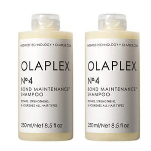 Two bottles of Olaplex No.4 Bond Maintenance Shampoo, each 250ml (8.5 fl oz), designed to repair, strengthen, and nourish all hair types.
