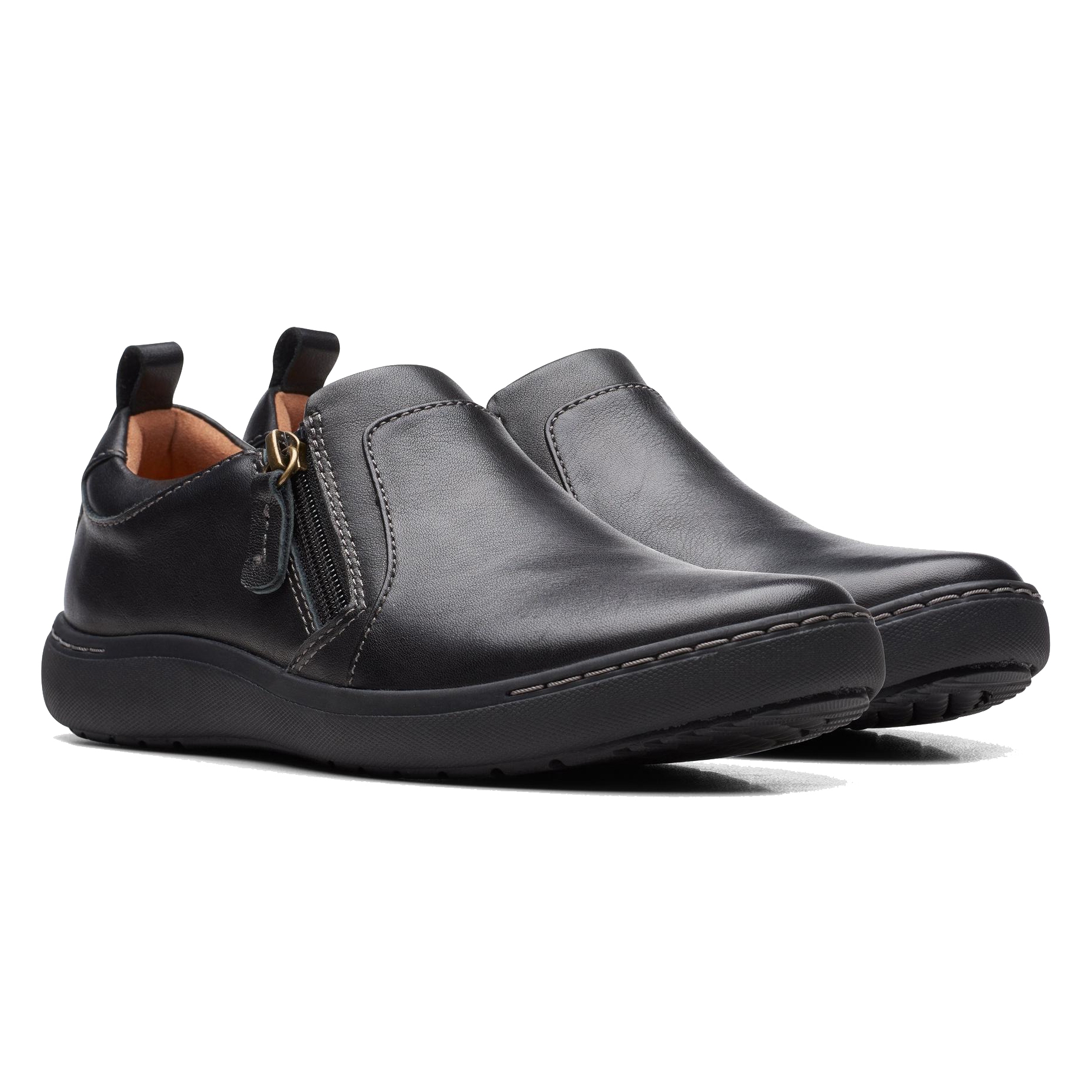 Black slip-on leather shoes with side zippers and pull tabs, featuring a round toe and cushioned sole for comfort.