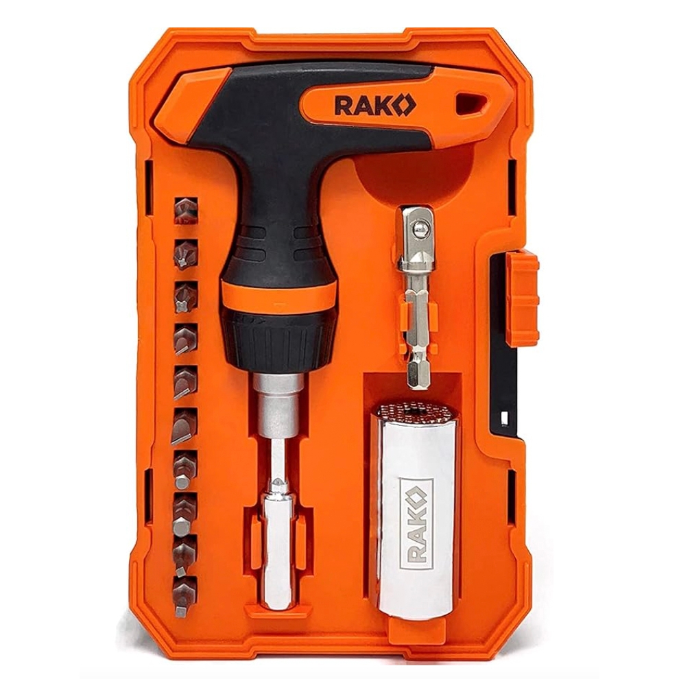 Orange and black 15-piece RAK socket tool kit featuring a handle with various screwdriver bits, a universal socket, and a drill bit adapter, all organized in a compact case.