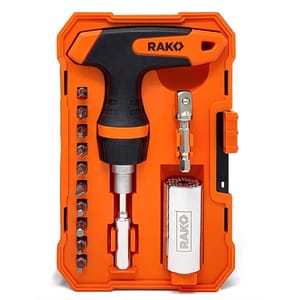 Orange and black 15-piece RAK socket tool kit featuring a handle with various screwdriver bits, a universal socket, and a drill bit adapter, all organized in a compact case.