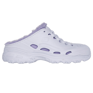 Skechers Cozy Foamies are white, slip-on clogs with purple faux fur lining, featuring ventilation holes and an athletic sole for comfort.