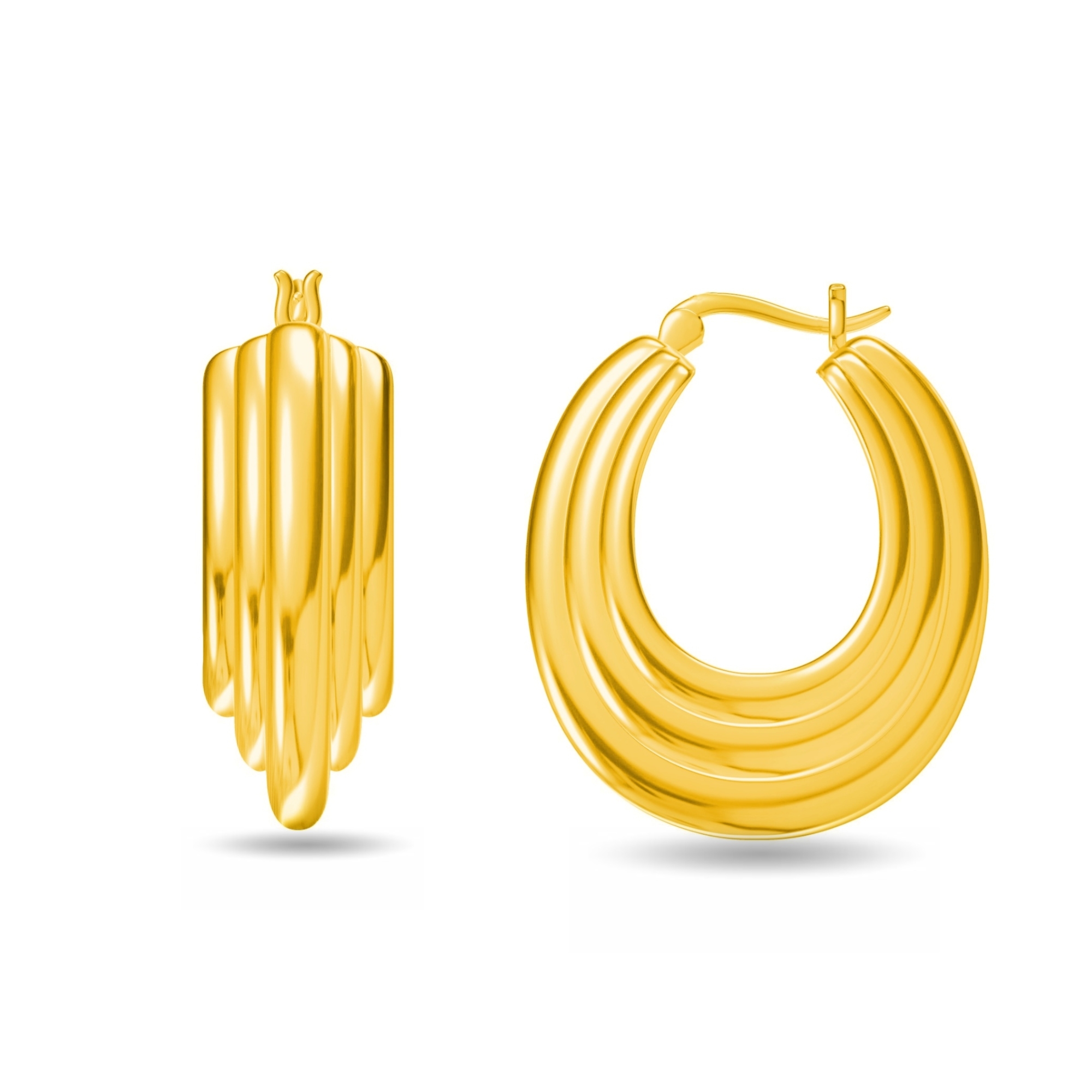 A pair of golden hoop earrings, with a smooth, thick, and curved design, isolated on a white background.