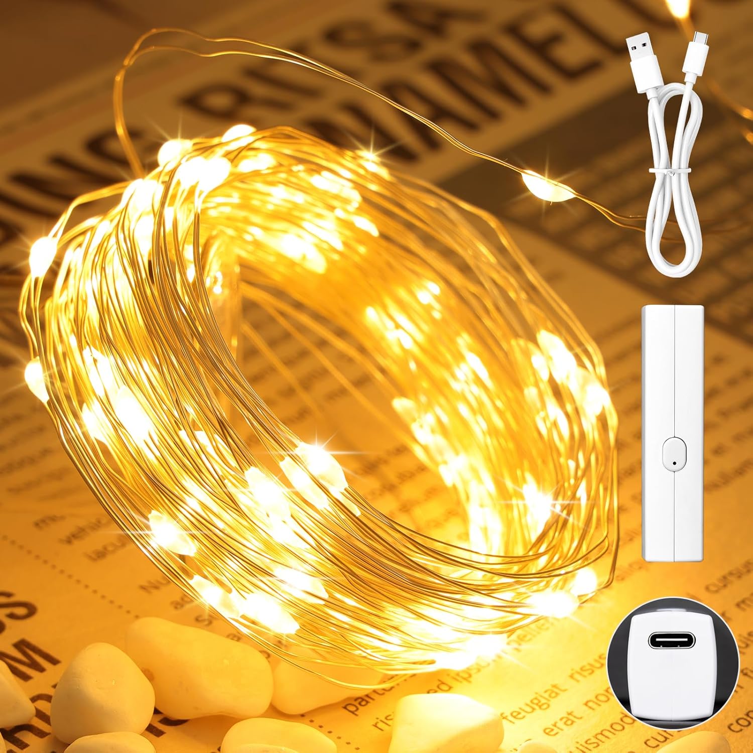 33' Fairy String Lights with warm white LEDs on a thin wire, featuring a compact USB power adapter and a USB charging cable, suitable for versatile decorative use.