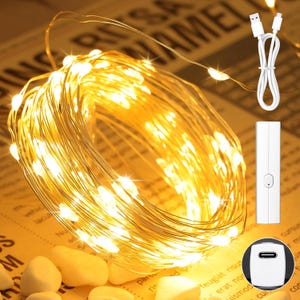 33' Fairy String Lights with warm white LEDs on a thin wire, featuring a compact USB power adapter and a USB charging cable, suitable for versatile decorative use.