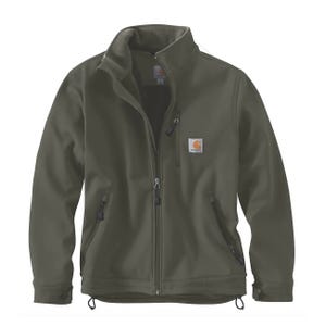 A khaki green soft-shell jacket with a high collar, full-zip front, and multiple zippered pockets, featuring a small logo patch on the chest.