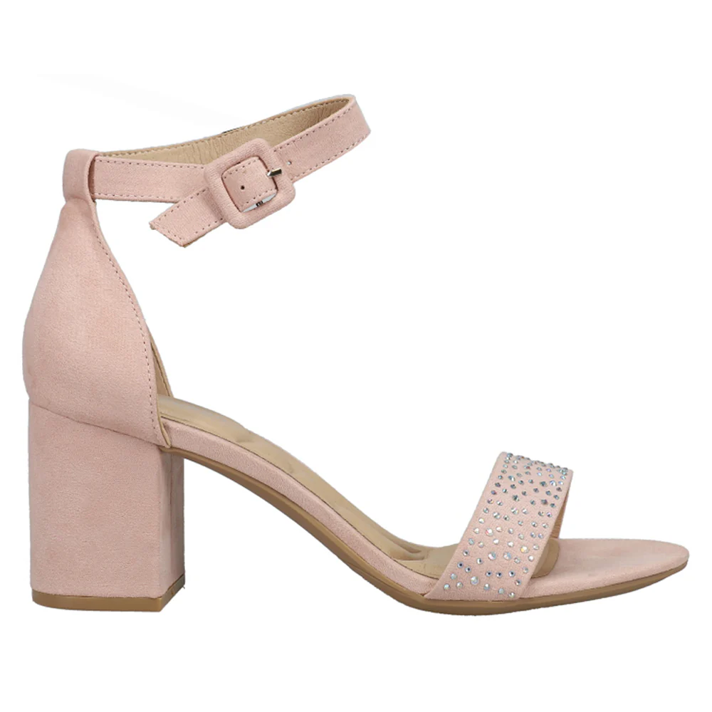 A pink suede block-heeled sandal with an ankle strap and a toe strap adorned with small rhinestones.