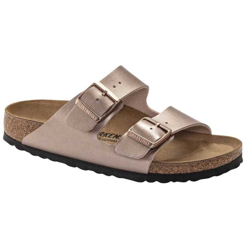 Two-strap sandal with metallic rose gold buckles and cork sole, featuring a contoured footbed for comfort.