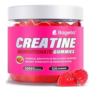 Bageto Creatine Monohydrate Gummies, 5000 mg per serving, 120 gummies per container, support muscle growth, recovery, strength, and performance. Strawberry flavored.