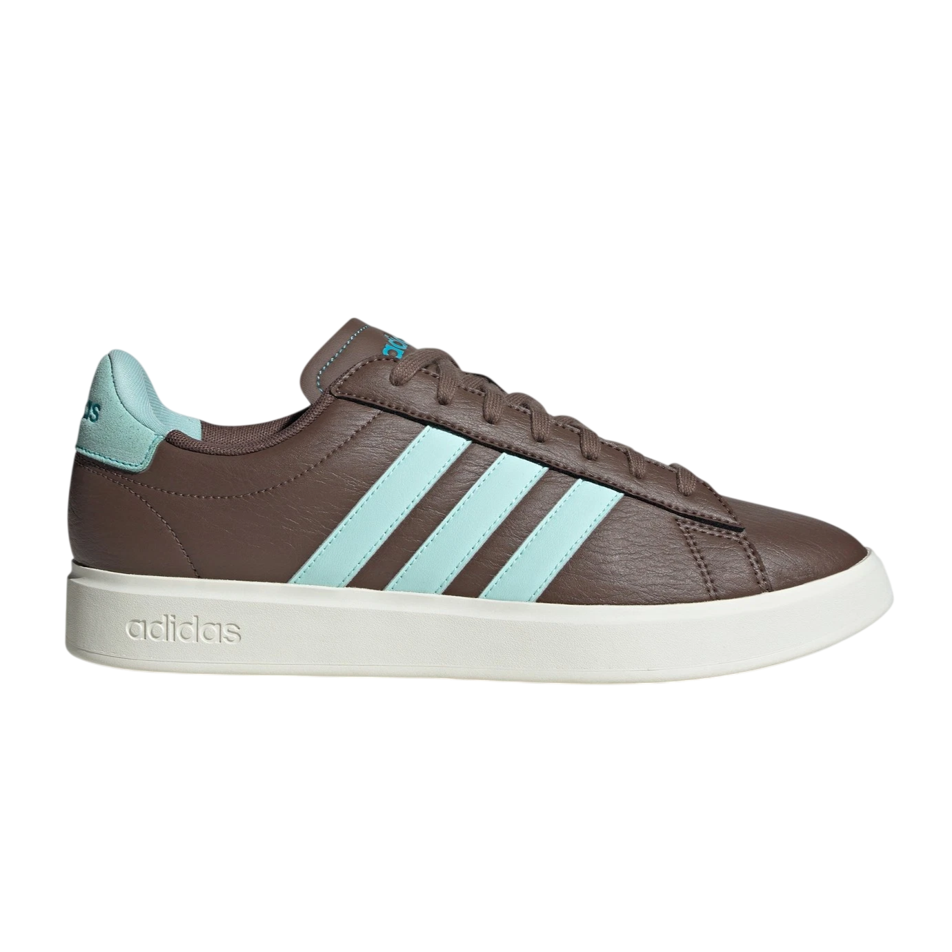 Brown Adidas sneakers with light blue stripes and a white sole.