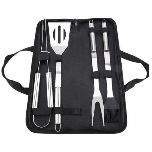 A set of stainless-steel BBQ tools in a black carrying case includes a spatula, tongs, fork, and basting brush.