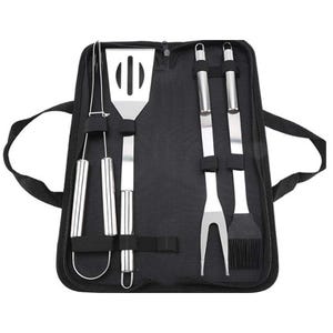A set of stainless-steel BBQ tools in a black carrying case includes a spatula, tongs, fork, and basting brush.