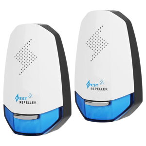 Two electronic pest repellers with a white and black design, featuring blue light sections and perforated areas for sound emission.