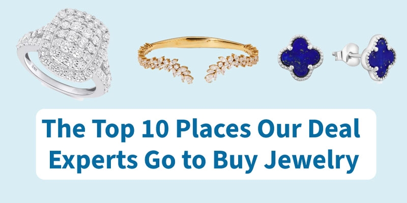 Text on a blue background displaying the articles title and a diamond ring, gold bracelet, and pair of blue earrings.
