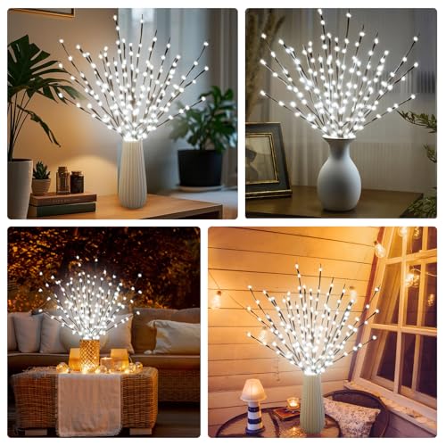 Four decorative LED branch lights displayed in different vases and settings, suitable for indoor or outdoor ambiance lighting.