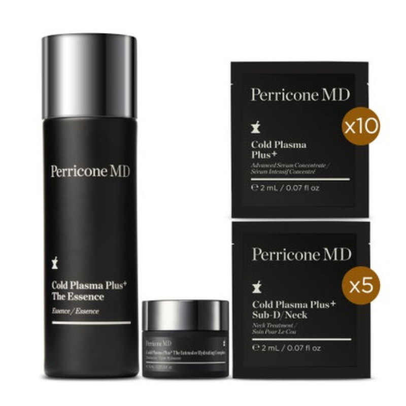 Perricone MD 17pc Cold Plasma Plus+ Starter Kit includes The Essence, an Intensive Hydrating Complex, and sachets of Advanced Serum Concentrate (10x) and Sub-D/Neck treatment (5x), each 2 mL (0.07 fl oz).