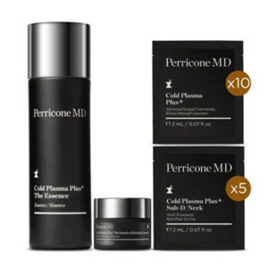 Perricone MD 17pc Cold Plasma Plus+ Starter Kit includes The Essence, an Intensive Hydrating Complex, and sachets of Advanced Serum Concentrate (10x) and Sub-D/Neck treatment (5x), each 2 mL (0.07 fl oz).