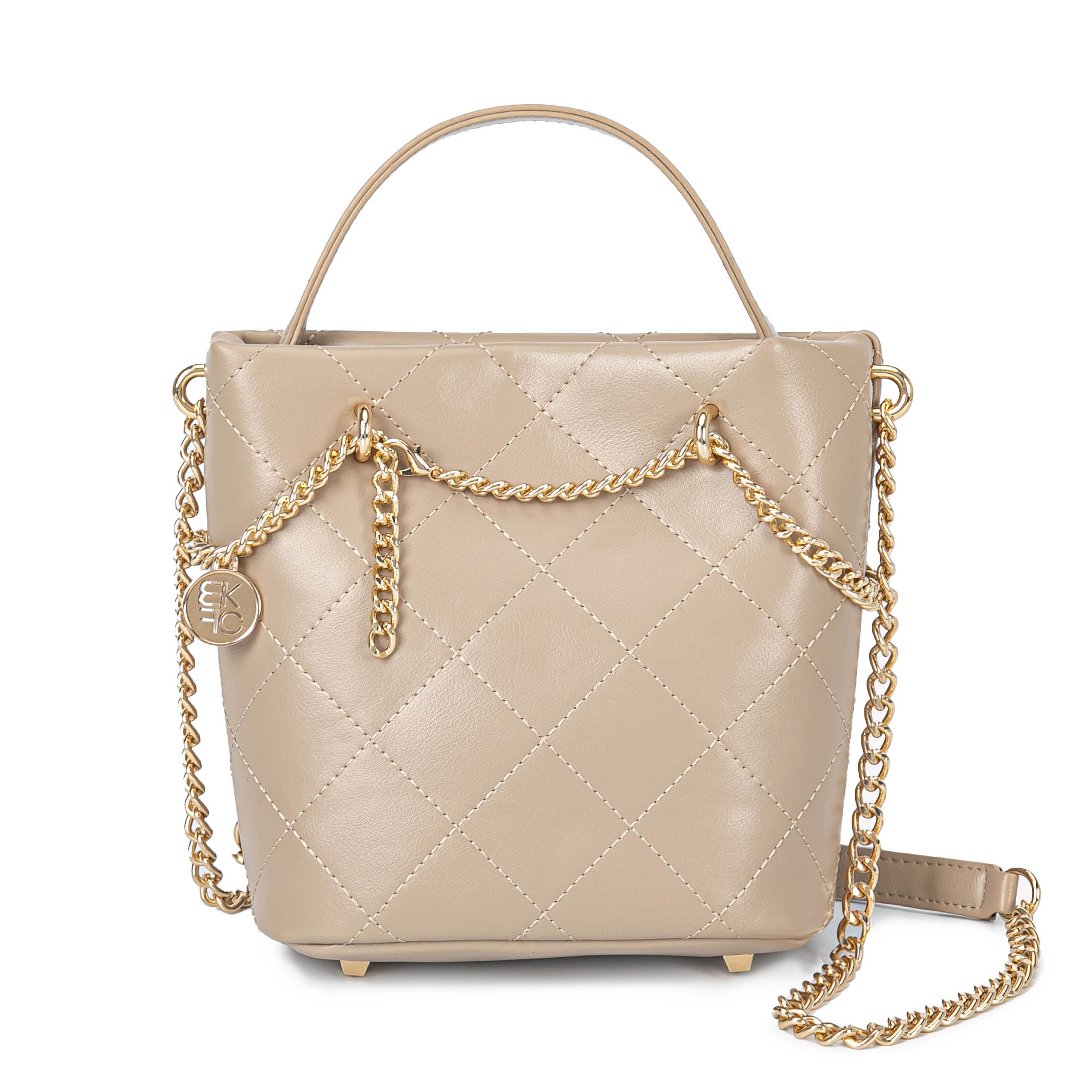A beige quilted handbag featuring gold chain straps and a top handle, with a small circular emblem attached to the chain.