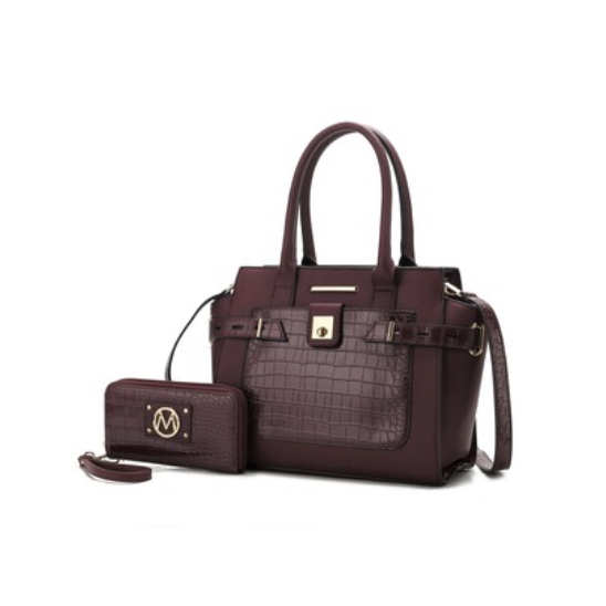 A burgundy handbag with a matching wallet, featuring a textured pattern and a metallic clasp.