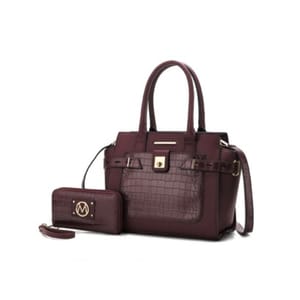A burgundy handbag with a matching wallet, featuring a textured pattern and a metallic clasp.