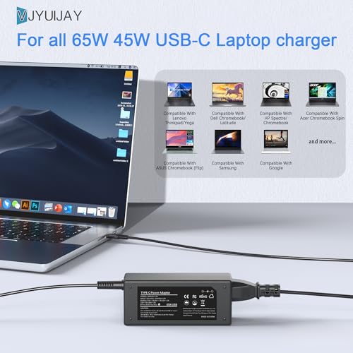 65W/45W USB-C laptop charger by VJYUIJAY, compatible with brands like Lenovo Thinkpad/Yoga, Dell, Asus Chromebook, Acer, Samsung, and Google.