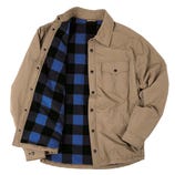 Tan button-up jacket with a blue and black checkered flannel lining, featuring a buttoned chest pocket.