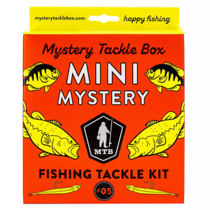 The Mini Mystery Fishing Tackle Kit from Mystery Tackle Box includes various fishing lures and tackle, featuring a vibrant orange box with fish illustrations, labeled as \“happy fishing\“ and \“#05.\“