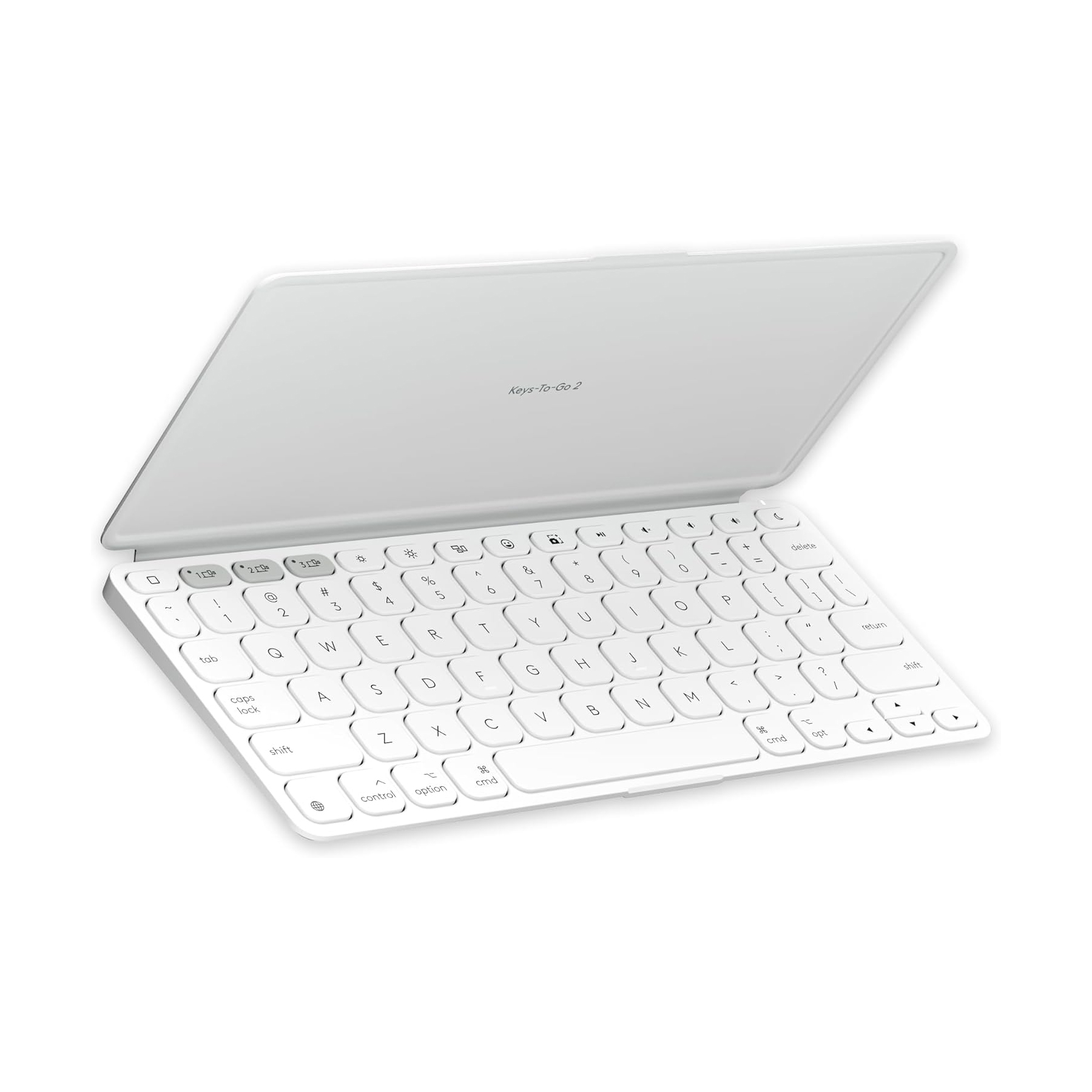 Logitech's Keys-To-Go is a thin, portable Bluetooth keyboard in white, designed for iPads. It features a QWERTY layout, rounded keys, and a compact, lightweight design with a protective cover.