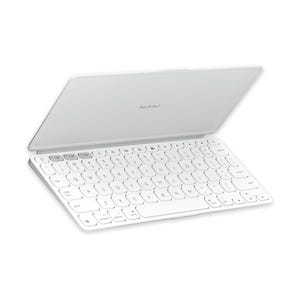 Logitech's Keys-To-Go is a thin, portable Bluetooth keyboard in white, designed for iPads. It features a QWERTY layout, rounded keys, and a compact, lightweight design with a protective cover.