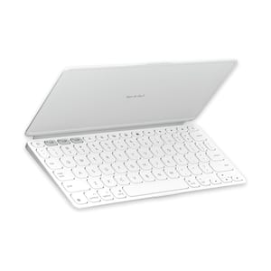 Logitech's Keys-To-Go is a thin, portable Bluetooth keyboard in white, designed for iPads. It features a QWERTY layout, rounded keys, and a compact, lightweight design with a protective cover.