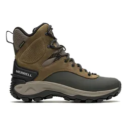 A brown and black Merrell hiking boot with a high-top design, rugged outsole, and metal lace hooks, suitable for outdoor activities.