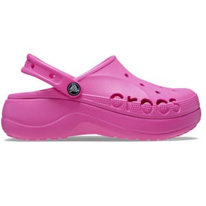 Bright pink Crocs with a platform sole and adjustable heel strap, featuring ventilation holes and the Crocs logo on the side.