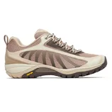 A beige and brown Merrell hiking shoe with a Vibram sole, featuring a mesh upper and lace-up design.